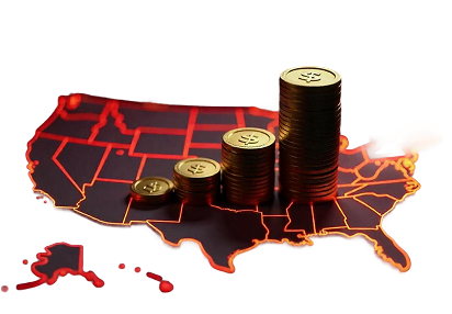 US map with coin stacks